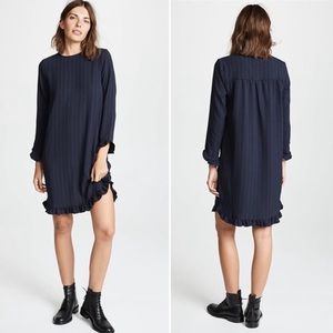 Ganni Clark Dress Long Sleeve Ruffle Hem Stripe Navy Blue Medium US/6